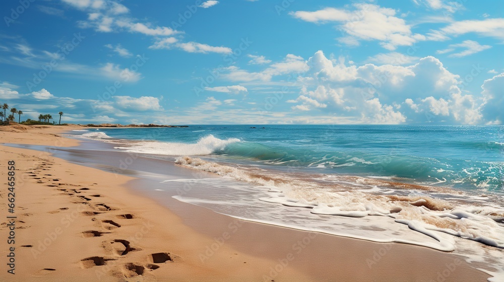  a sandy beach with waves crashing on the shore and palm trees in the background.  generative ai