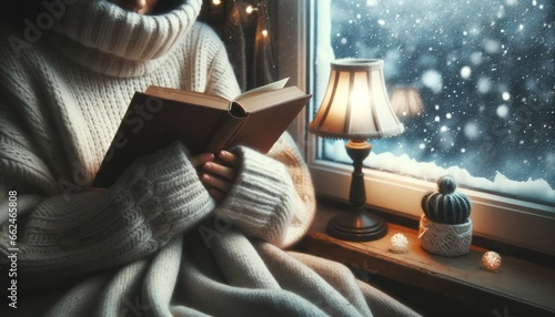 Close-up photo of a person, holding a book with intent, wrapped in a soft blanket that shields them from the winter chill. photo