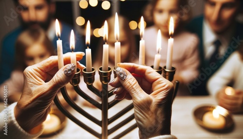 Close-up photo of hands, with painted nails, lighting a menorah with precision. photo