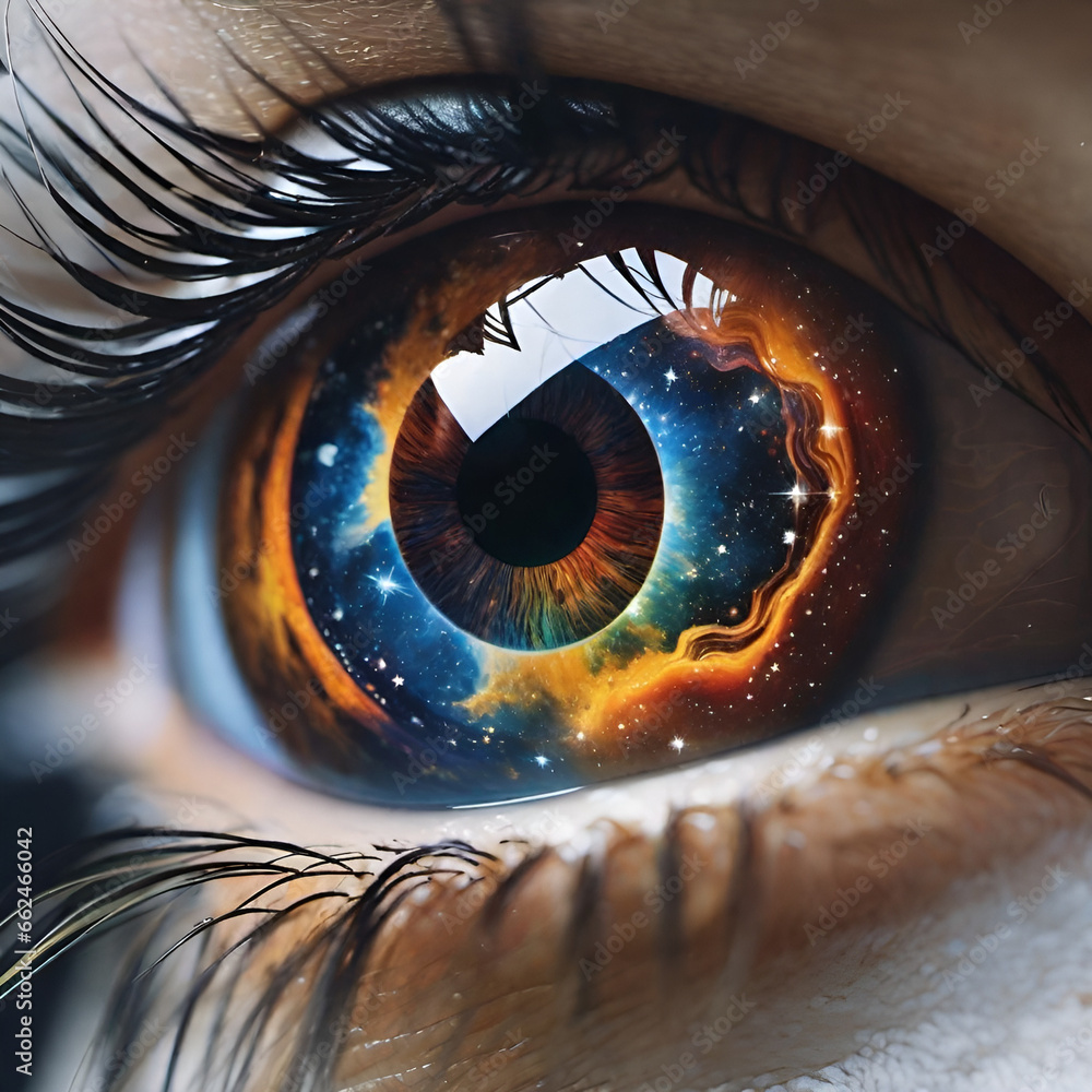 Womans eye peering into the universe collecting energy for personal growth