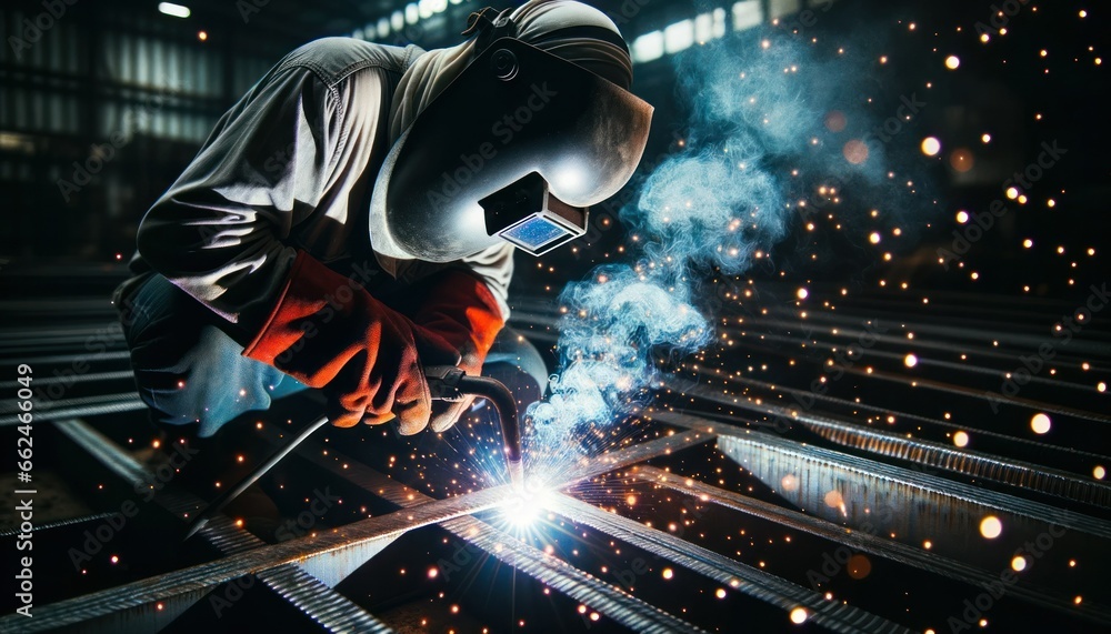 Photo capturing the art of welding at a construction site. A skilled worker, shielded by a welding helmet, melds metal pieces together. Photo capturing the art of welding at a construction site. A skilled worker, shielded by a welding helmet, melds metal pieces together.