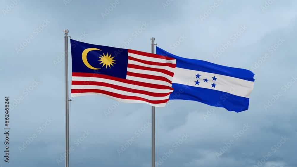 Honduras flag and Malaysia flag waving together on cloudy sky, endless seamless loop, two country relations concept Honduras flag and Malaysia flag waving together on cloudy sky, endless seamless loop, two country relations concept