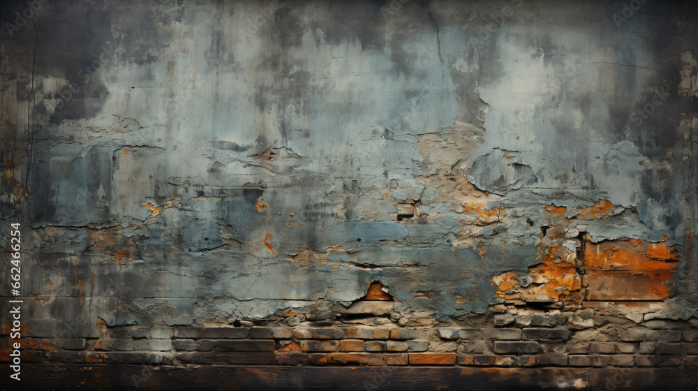 Obraz premium Weathered wall with peeling blue-gray paint revealing underlying red-orange bricks.
