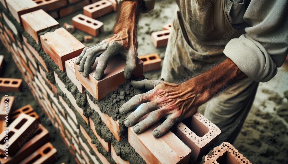 Detailed photo of a construction site where a seasoned bricklayer is at work.