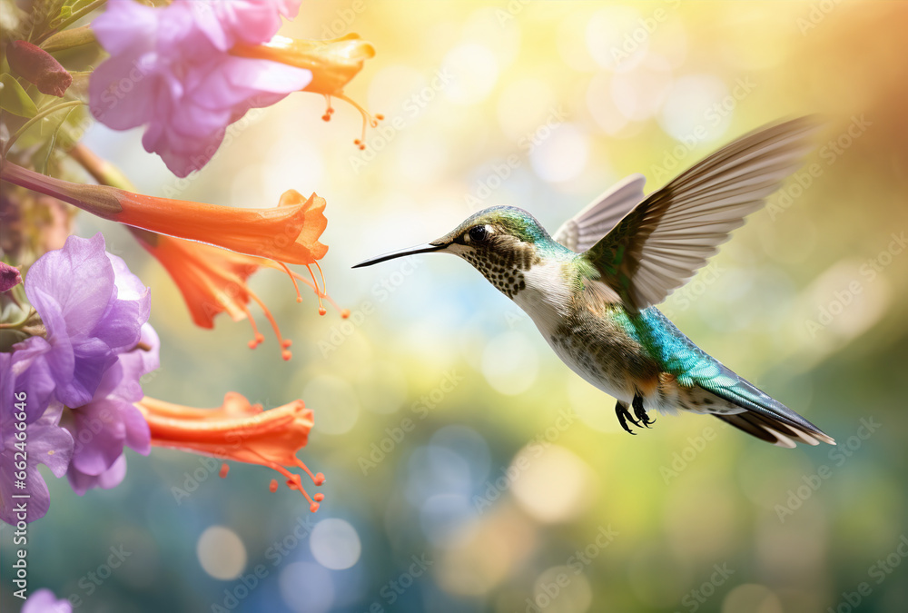 Fototapeta premium Scaly-breasted hummingbird feeding on flowers. Created with Generative AI