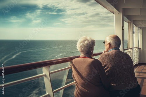 An elderly couple relaxes on the deck of a cruise ship, admiring the sea view. Beautiful old age. Journey