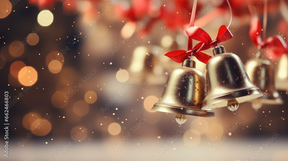 Jingle bells with a red ribbon and festive decor - obrazy, fototapety, plakaty 