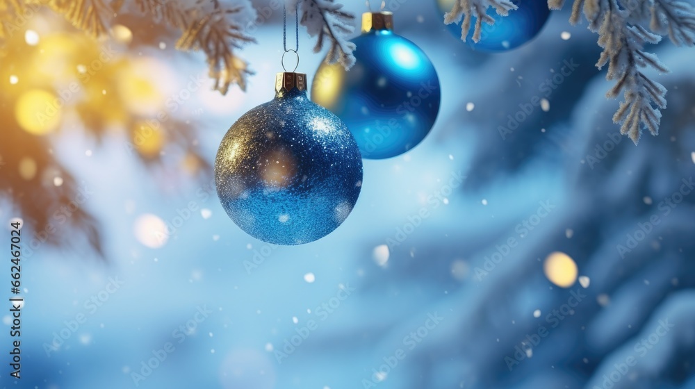 Azure blue Christmas balls on snowy branches Azure blue Christmas balls on snowy branches