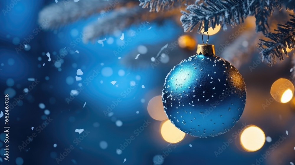 Blue Christmas balls on a snowy tree Blue Christmas balls on a snowy tree