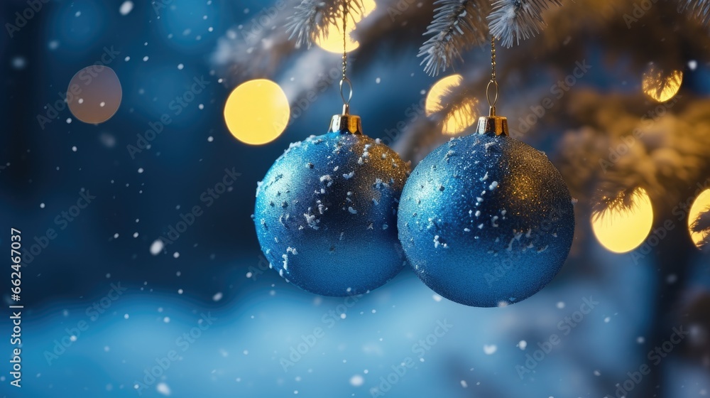 Blue Christmas balls on a snowy tree Blue Christmas balls on a snowy tree