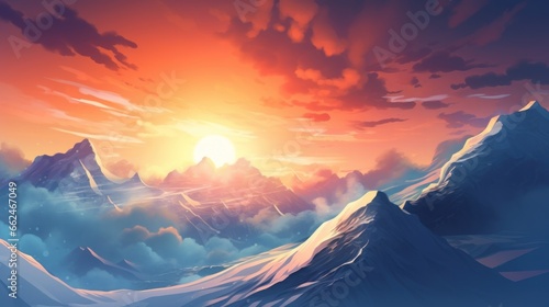 Majestic winter sunset in the mountains, digital artwork. © tpvisuals