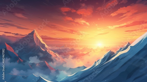 Majestic winter sunset in the mountains, digital artwork.