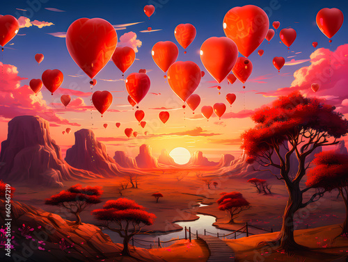 Red balloons in the shape of love hearts. Flying over beautiful nature scenery as the sun sets. Valentine's Day. Illustration. Love banner. Generative AI