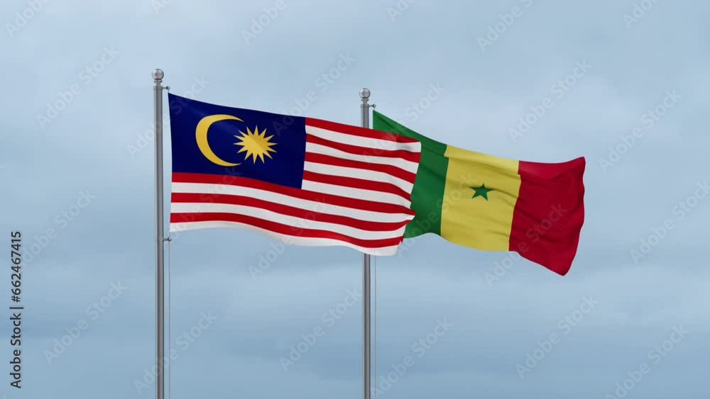 Republic of Senegal and Malaysia flag waving together on cloudy sky, endless seamless loop, two country cooperation concept Republic of Senegal and Malaysia flag waving together on cloudy sky, endless seamless loop, two country cooperation concept