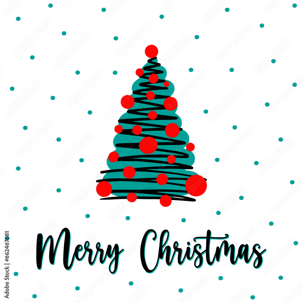 Zigzag spruce greeting card with Merry Christmas lettering. Hand drawn Zigzag spruce and red garlands on greeting card. Doodle Zigzag spruce with snowfall on greeting card. New year spruce design. Zigzag spruce greeting card with Merry Christmas lettering. Hand drawn Zigzag spruce and red garlands on greeting card. Doodle Zigzag spruce with snowfall on greeting card. New year spruce design.
