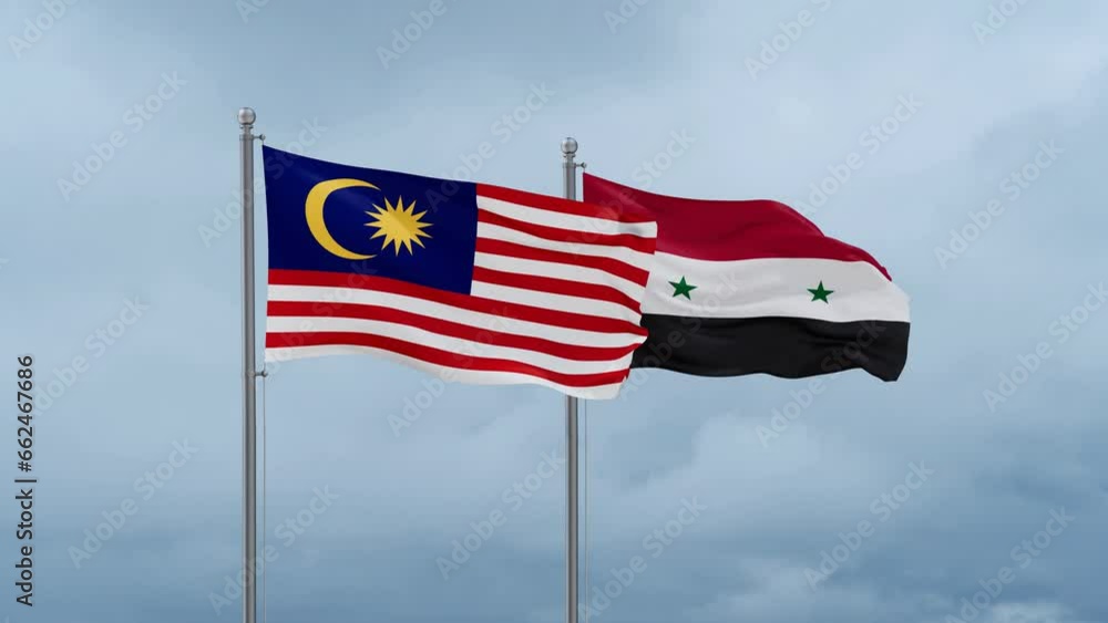Syrian Arab Republic, Syria and Malaysia flag waving together on cloudy sky, endless seamless loop, two country cooperation concept Syrian Arab Republic, Syria and Malaysia flag waving together on cloudy sky, endless seamless loop, two country cooperation concept