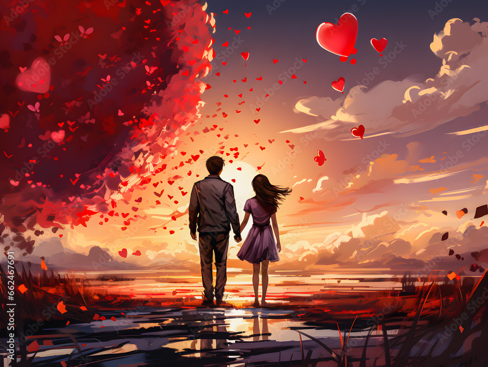 Romantic couple in love, two young people holding hands surrounded by red and love red hearts. Couple in love. Valentine's Day. Illustration. Love banner. Generative AI