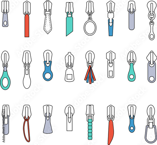 Flat isolated zipper pullers. Various puller for zippers, tailor equipment. Pulls for bag, jeans, jacket and clothes, decent vector clipart
