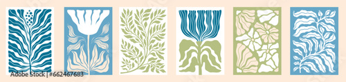 Flower posters. Contemporary modern shapes, retro print design with art leaf, creative floral artwork, blue and green trendy 60s or 70s style. Vector vintage illustration 