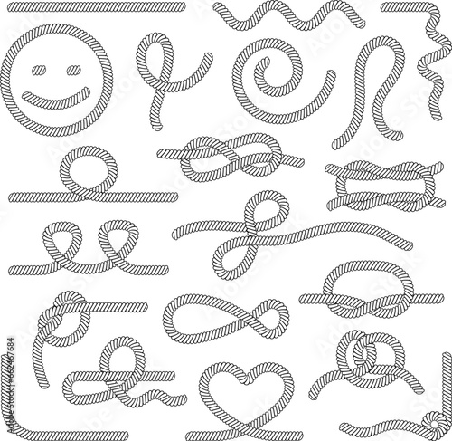Marine ropes collection. Nautical rope and knots, sea or ocean adventures elements. Decorative brushes, abstract decent vector graphic borders