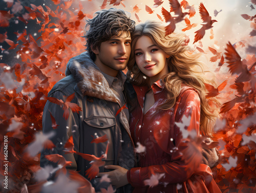 Beautiful young couple hugging surrounded by autumn falling leaves. The love of two people.