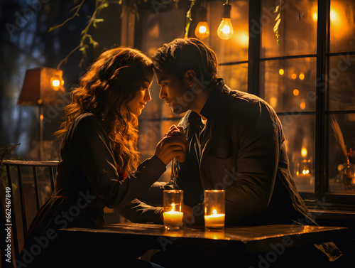 A pair of young people in love at a table in a restaurant, looking at each other with love during a romantic dinner. Atmospheric scenery. The great feeling of two people in love. Sensitivity. Generati