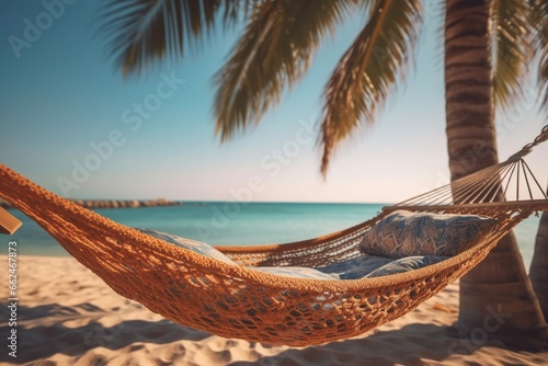 Cozy hammock between palm trees on the beach. Journey. Paradise holiday © marikova
