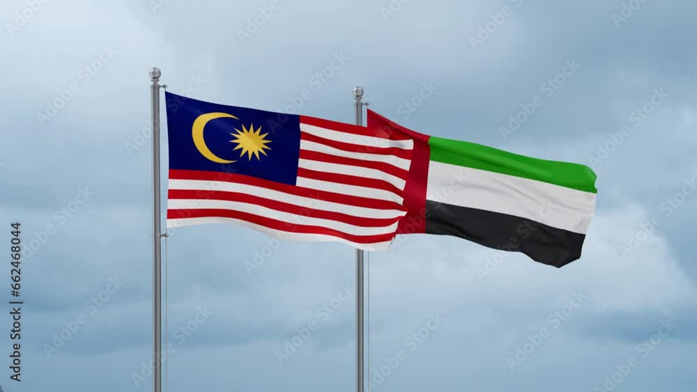 United Arab Emirates and Malaysia flag waving together on cloudy sky, endless seamless loop, two country cooperation concept United Arab Emirates and Malaysia flag waving together on cloudy sky, endless seamless loop, two country cooperation concept