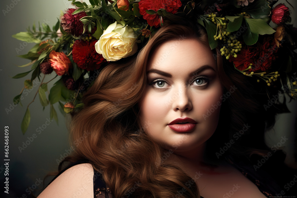 portrait of a plus size woman with flower wreath in hair