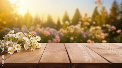 Empty Wooden surface for presentation with SPA salon and sakura background, mockup, Space for presentation product