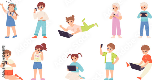 Kids with gadgets, playing and studying. Cartoon children using tablets, smartphones and laptops. Child digital addiction, snugly vector characters