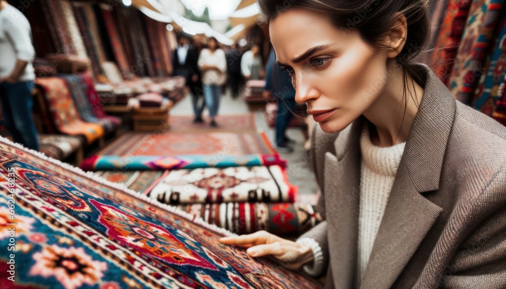 Fototapeta premium Close-up photo of a savvy Caucasian woman in a bustling outdoor market. She's deeply engrossed in bargaining for a vibrant, handwoven rug.