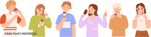 People eat desserts. Young adults eating sweet dessert, ice creams in waffle cones, popsicles and in cup. Enjoying person with food snugly vector set