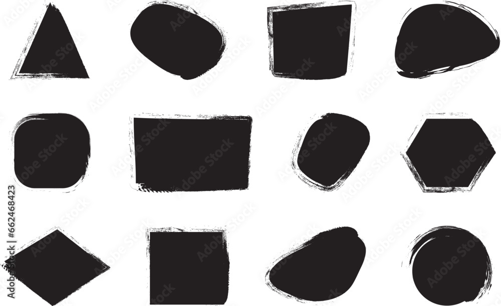 Charcoal shape frame, paint brush banner, chalk grunge texture, smudge black border isolated on white background. Coal style vector illustration - obrazy, fototapety, plakaty 