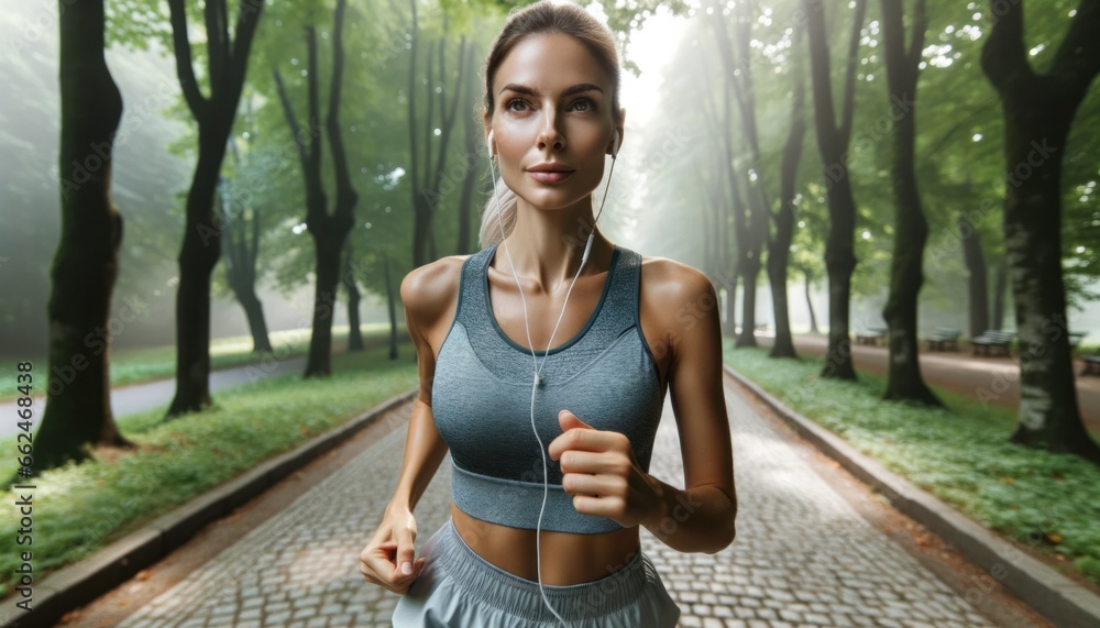 Close-up photo of a dedicated Caucasian woman, dressed in running gear, jogging along a scenic, leafy path in the park. Close-up photo of a dedicated Caucasian woman, dressed in running gear, jogging along a scenic, leafy path in the park.