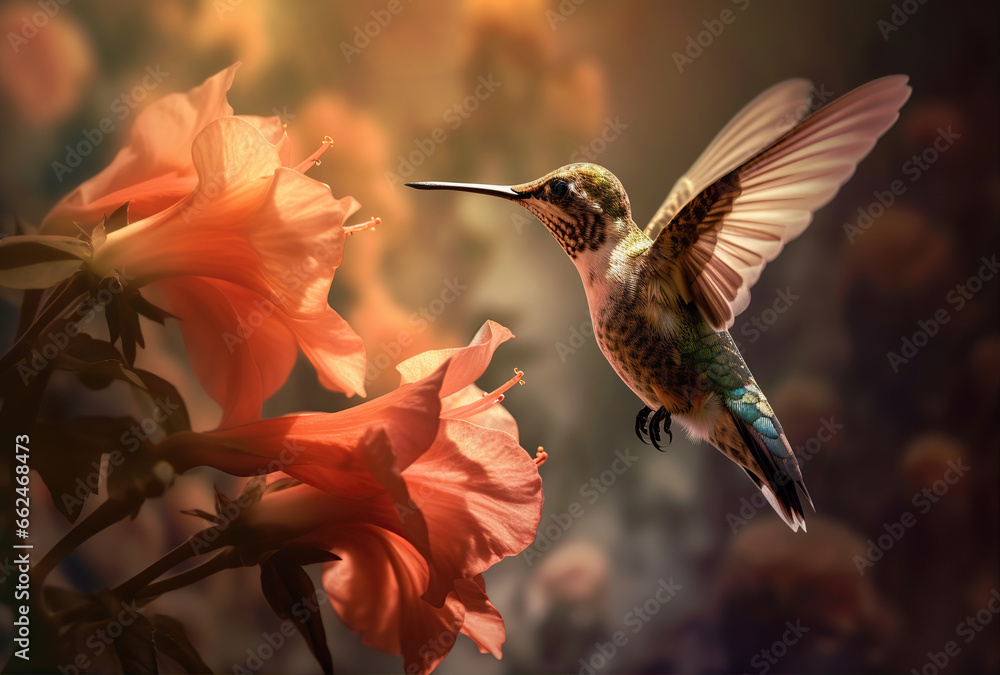 Fototapeta premium Scaly-breasted hummingbird feeding on flowers. Created with Generative AI