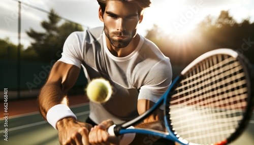 Close-up photo of a focused Caucasian man, dressed in athletic wear, on a tennis court bathed in sunlight. photo