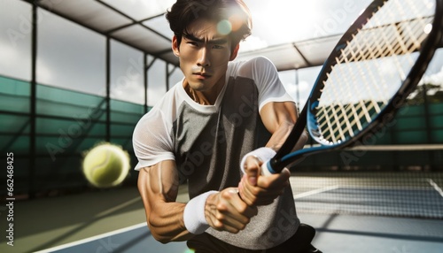 Photo capturing an intense moment where an Asian man, in sporty attire, is on a tennis court under the bright sun. photo