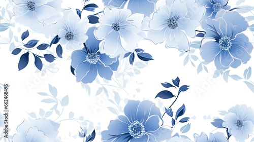  a blue and white floral pattern with leaves and flowers on a white background. generative ai