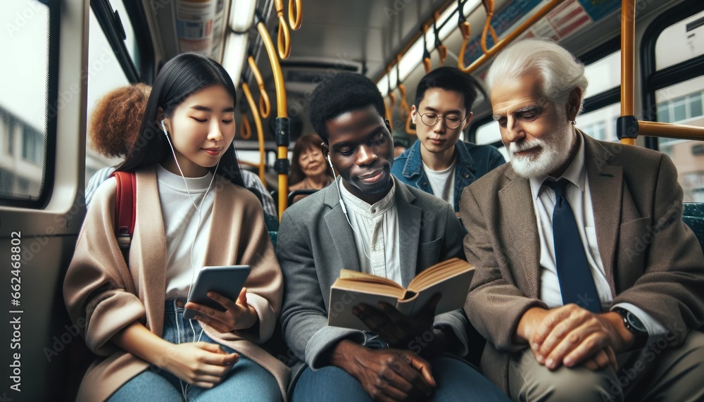 Close-up photo of a diverse group of commuters inside an urban bus.