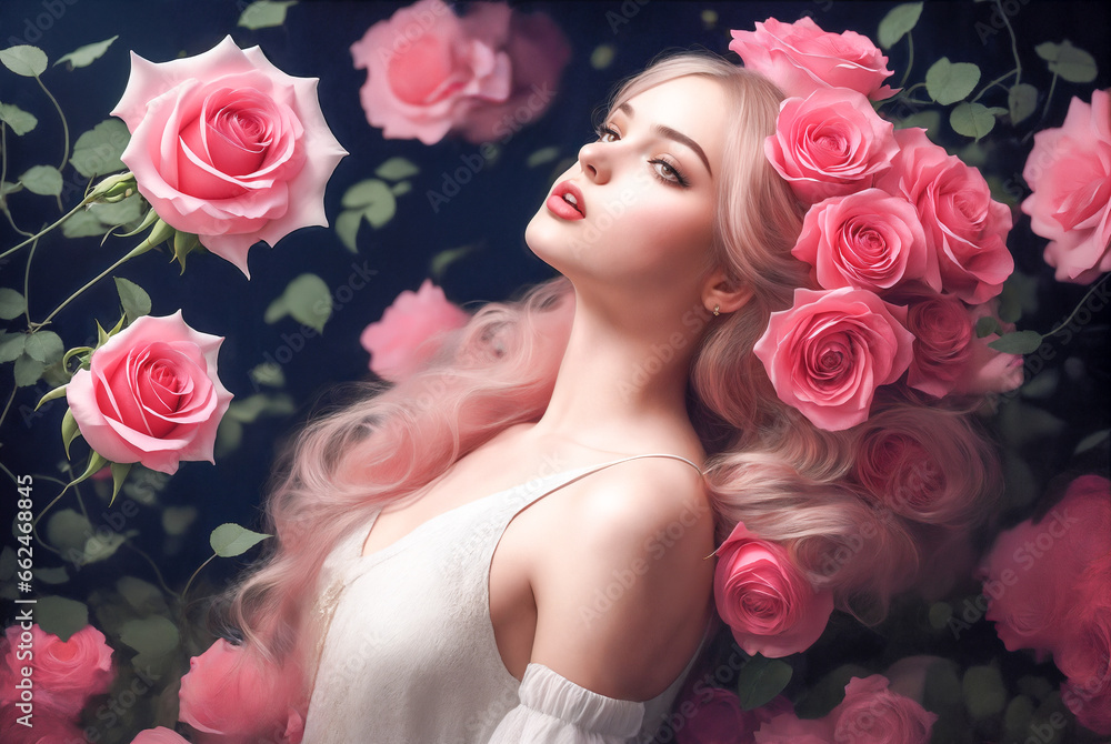 Portrait of a beautiful woman with long hair in roses.Creative designer fashion glamour art drawing. Portrait of a beautiful woman with long hair in roses.Creative designer fashion glamour art drawing.