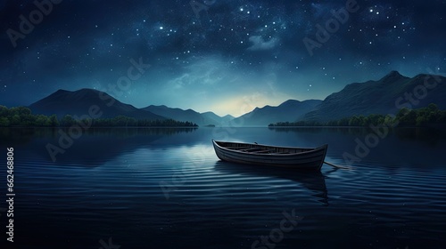  a boat floating on top of a lake under a night sky. generative ai