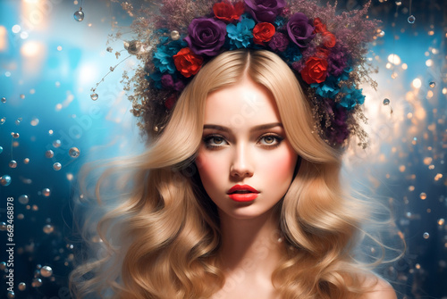 Portrait of a beautiful woman with long hair in roses.Creative designer fashion glamour art drawing.
