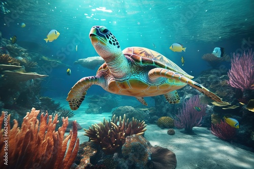 Turtle. Undersea world. A big beautiful turtle swims in the depths of the ocean © marikova
