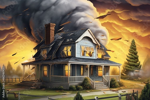 Fototapeta Illustration of a house amidst a tornado with a severe weather warning banner