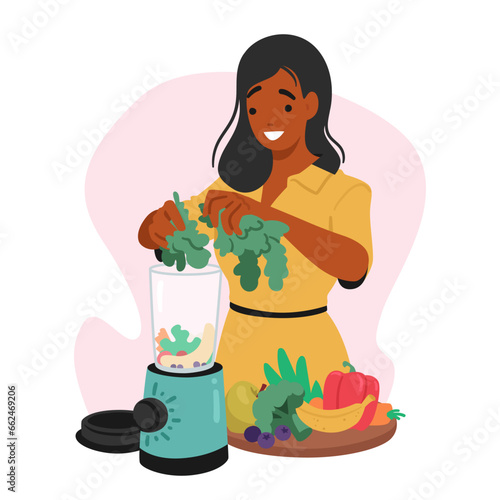 Vegan Woman Expertly Blends Nutritious Plant-based Ingredients In Her Blender, Creating A Vibrant, Wholesome Smoothie