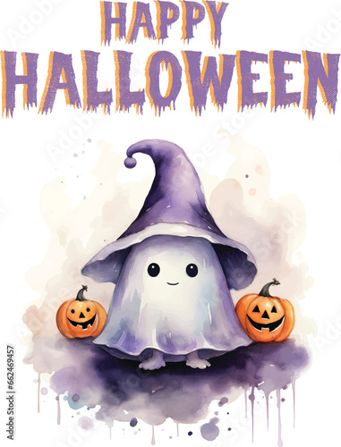 vector Happy Halloween cute ghost with pumpkin watercolor illustration