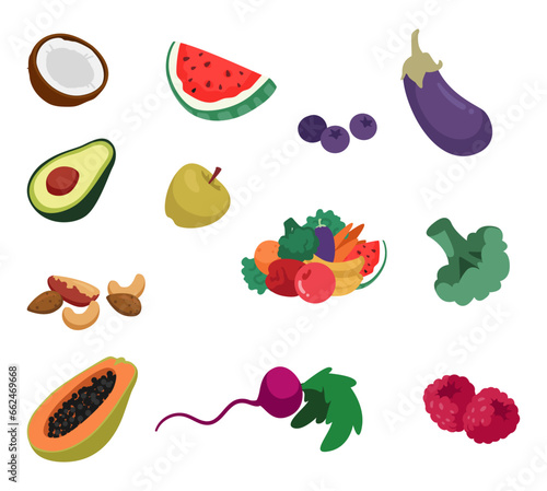 Fototapeta Naklejka Na Ścianę i Meble -  Set of Ripe Fresh Fruits and Vegetables. Coconut, Watermelon, Blueberries and Eggplant. Avocado, Apple, Broccoli, Nuts