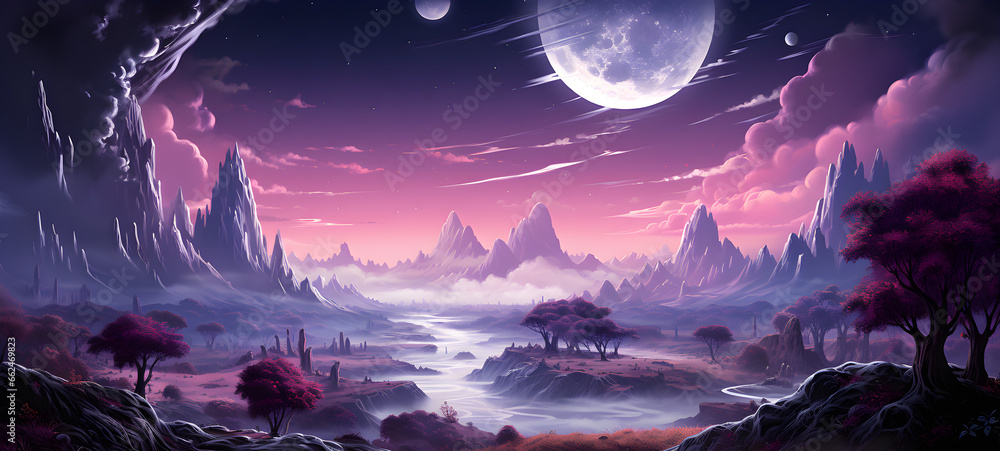 Minimalist mountain landscape at night with moon, star in the sky, orange and black clouds Minimalist mountain landscape at night with moon, star in the sky, orange and black clouds