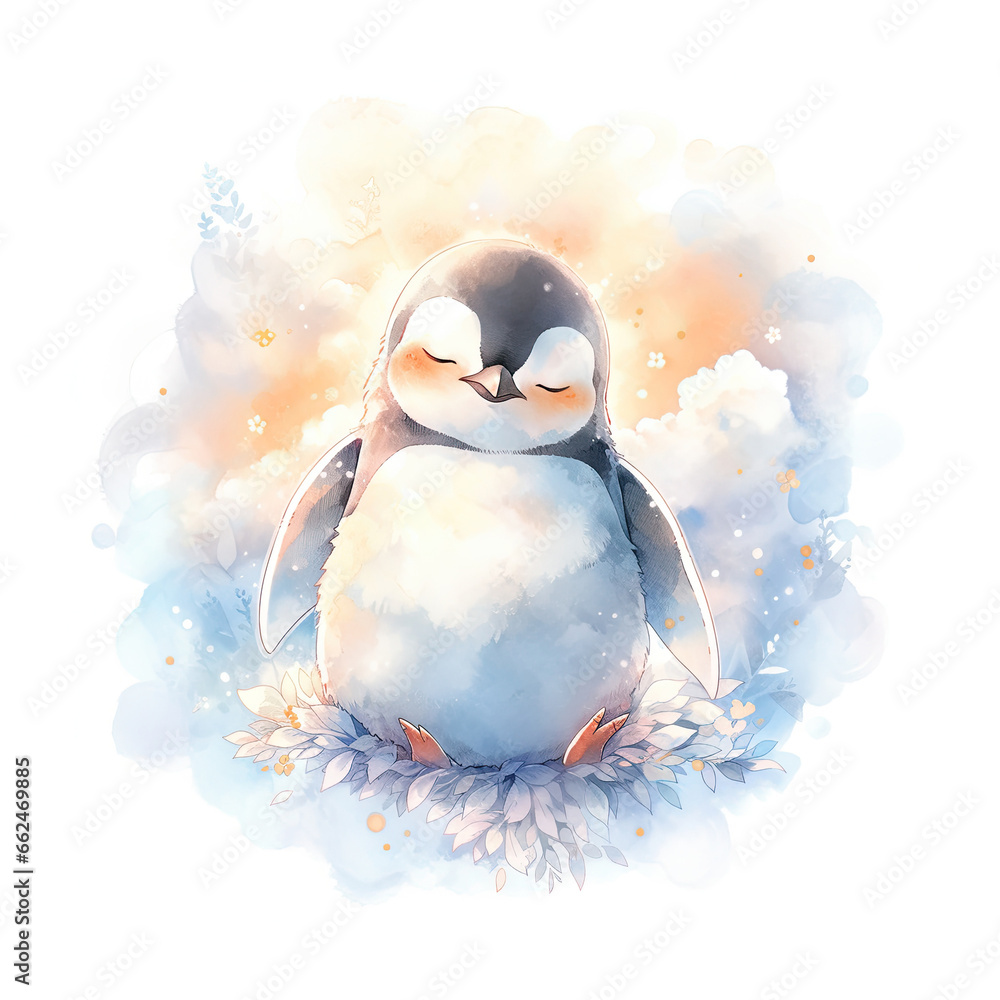 Obraz premium Watercolor cute little penguin isolated on white background. Cartoon polar animal. Baby shower card. Illustration for greeting card, kids birthday, invitation, poster or banner